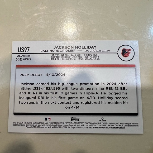 2024 Topps Update Jackson Holliday Rookie RC Debut #US97 Orioles - Picture 2 of 2